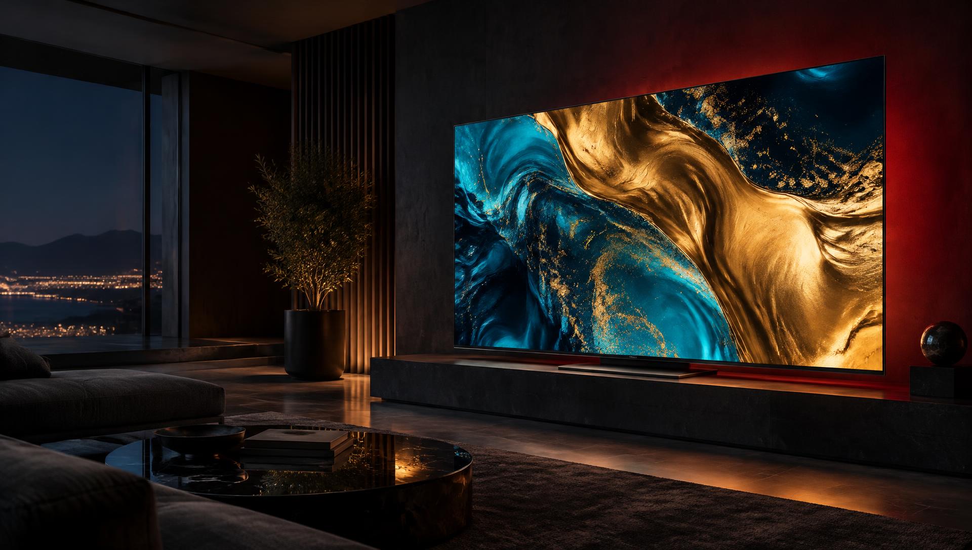 TCL QLED TV in a dark living room